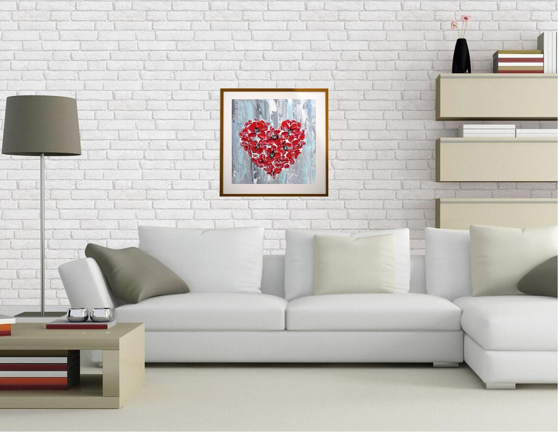 Red Floral Heart Painting Blossoms on Gray Love Valentine Art Poster - Image 2
