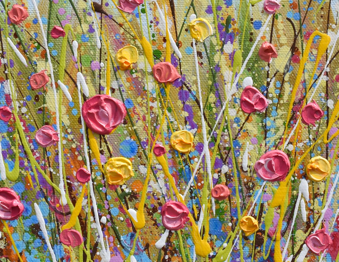Pink Yellow Wildflower Grass Blue Sky Spring Impasto Art Print - Image 2
