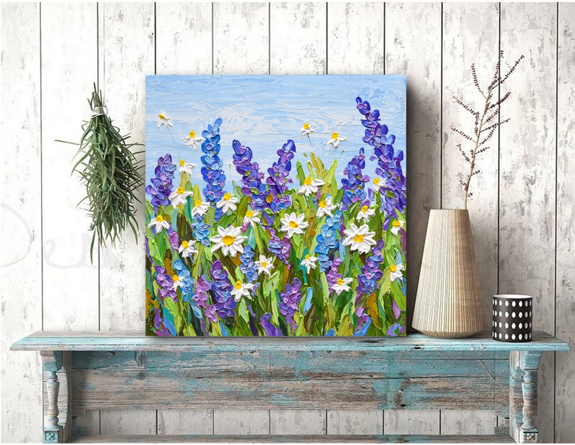 Purple Lavender White Daisies Wildflower Field Impasto Art Poster - Image 3