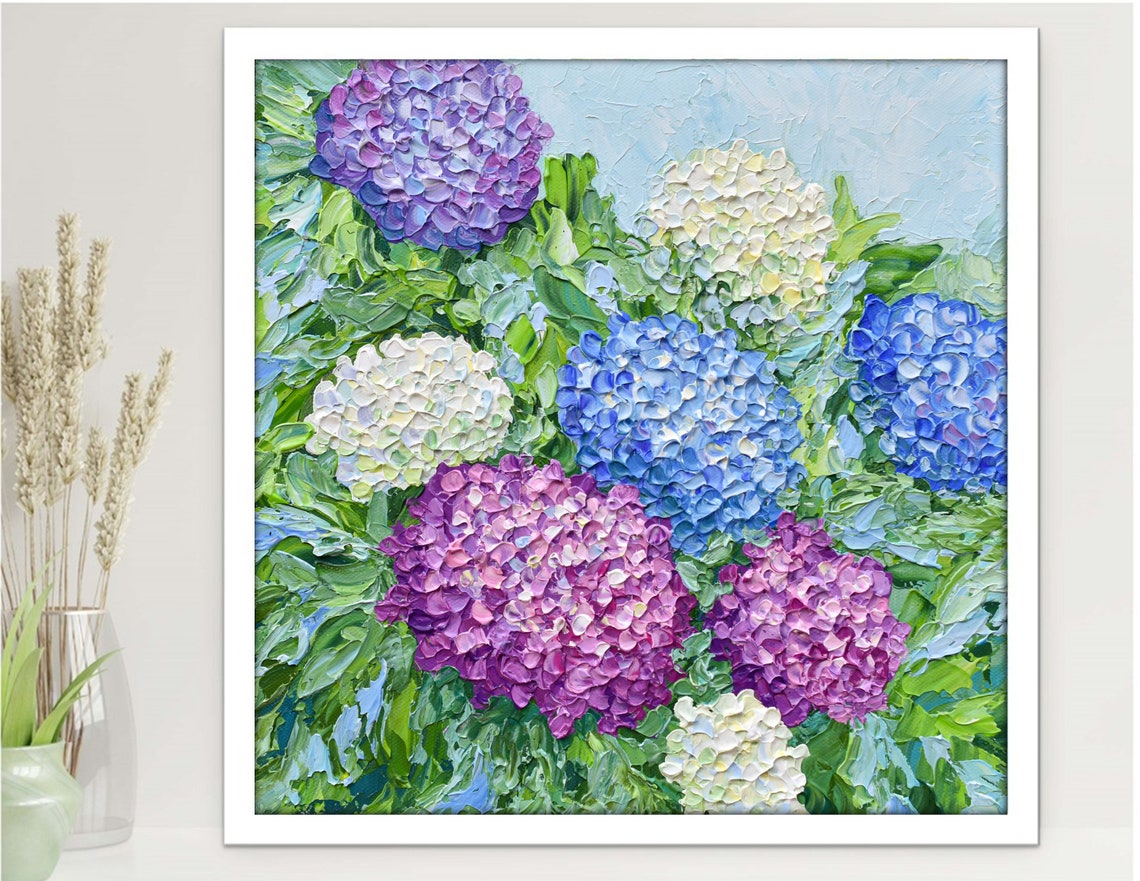 Hydrangea Art Print Blue Purple White Blooms Impasto Floral Poster