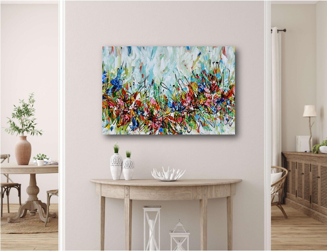 Colorful Abstract Fall Leaves Red Green Modern Splatter Art Print - Image 3