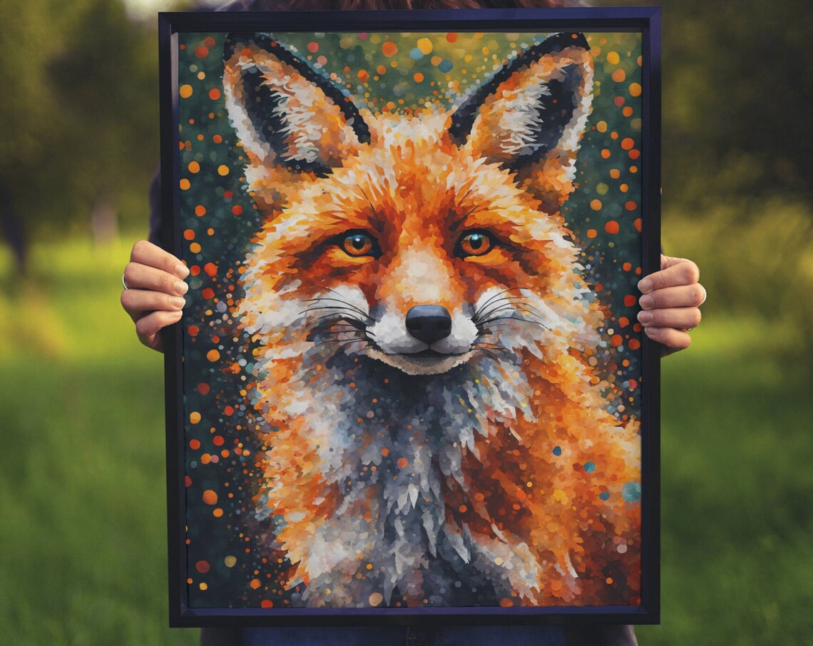 Red Fox Portrait Speckled Mosaic Green Background Wildlife Art Wall Print