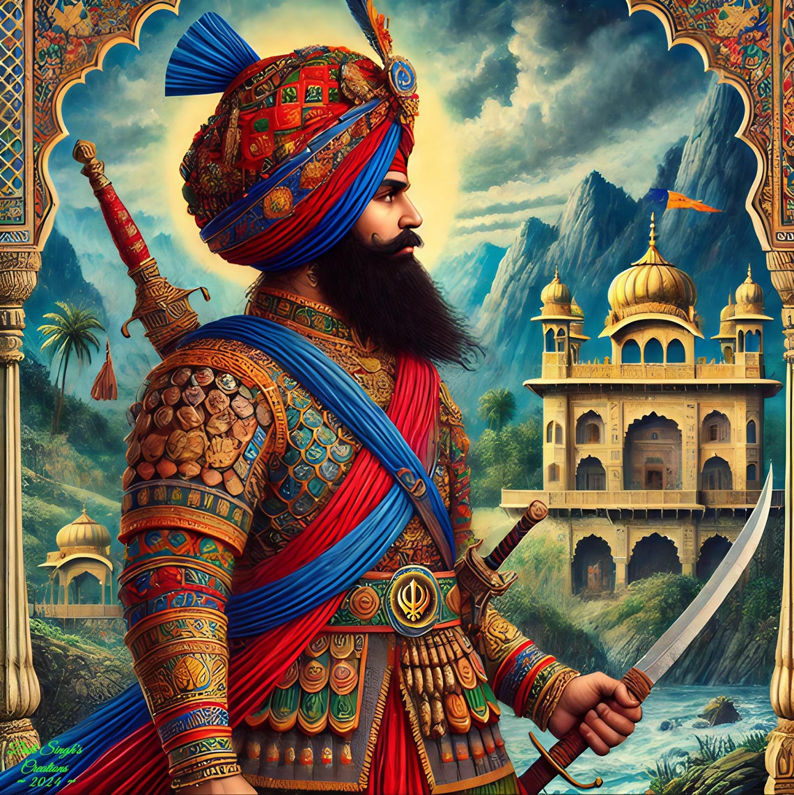Armored Sikh Warrior with Talwar Sword before Mountain Palaces Poster