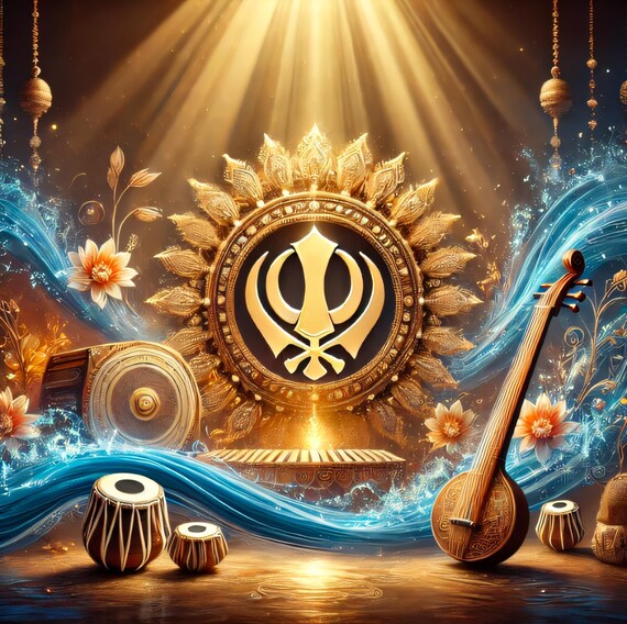 Golden Khanda Medallion with Sitar, Tabla and Blue Water Waves Poster