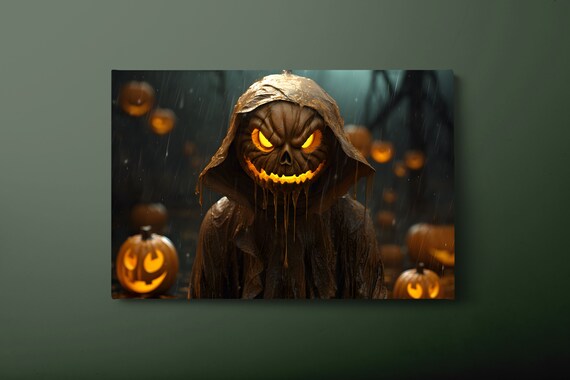 Scary Pumpkin Head Monster In Rain With Glowing Jack O Lanterns Print