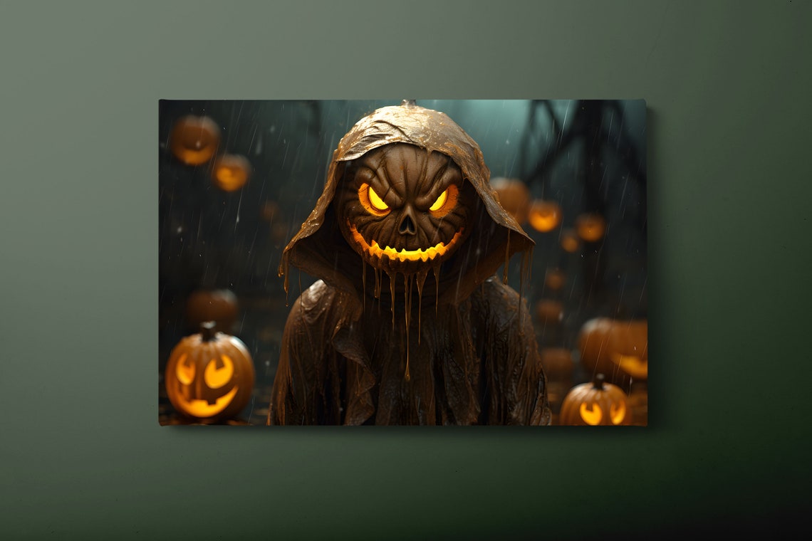 Scary Pumpkin Head Monster In Rain With Glowing Jack O Lanterns Print