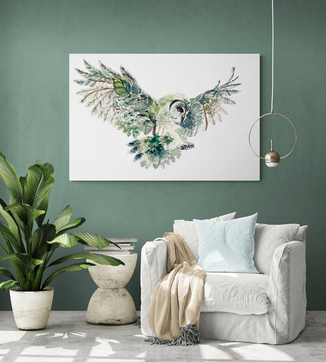Owl Animal Art Print, Green and White Painting - Image 2