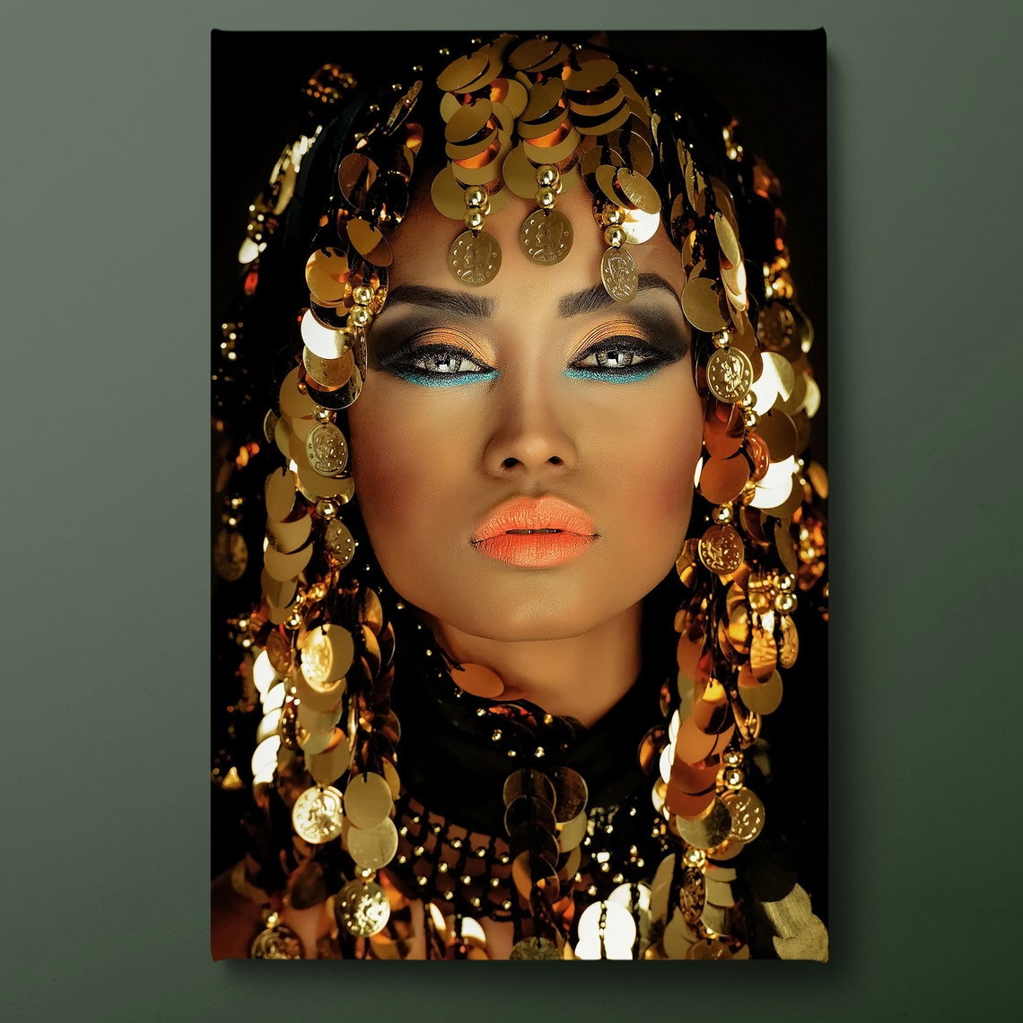 African Woman Gold Body Paint Portrait Glitter Elegant Dark Wall Art