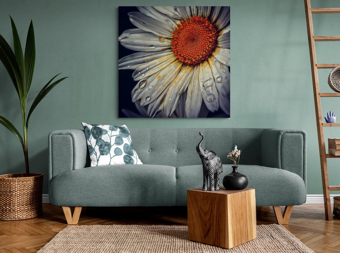 White Daisy Macro Water Droplets Fresh Petals Dark Background Print - Image 2