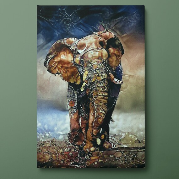 Golden Elephant Mosaic Blue Copper Tones Textured Wildlife Art Poster