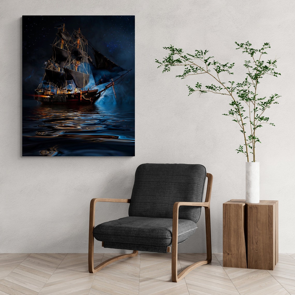 Tall Ship With Black Sails Under Starry Night On Calm Sea Art Poster - Image 2