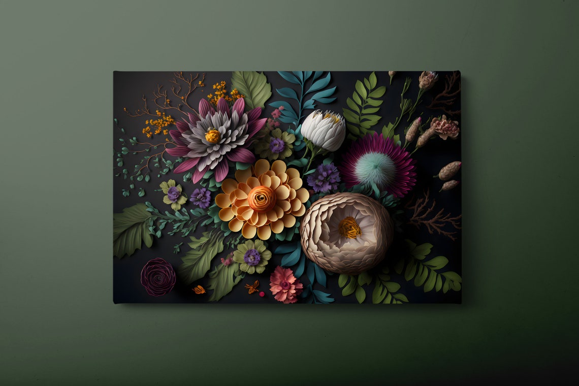 Colorful 3D Paper Flowers Bouquet On Black Floral Art Poster