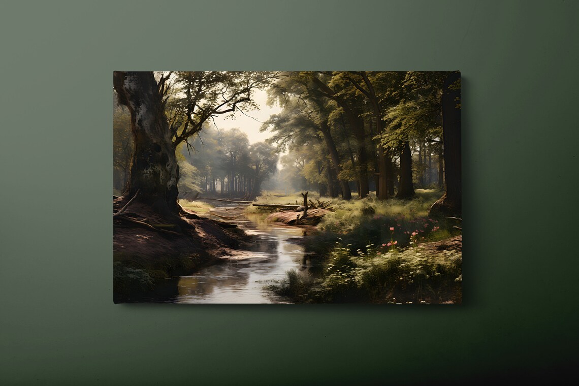 Vintage Forest River Art Print, Summer Painting