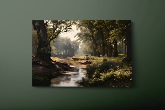 Vintage Forest River Art Print, Summer Painting
