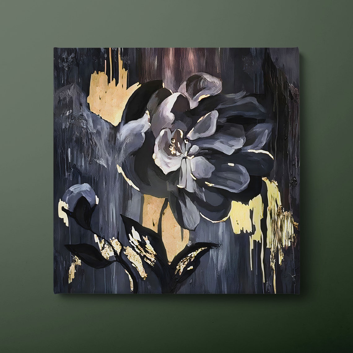 Dark Moody Bloom Gold Accents Dramatic Black Floral Wall Poster