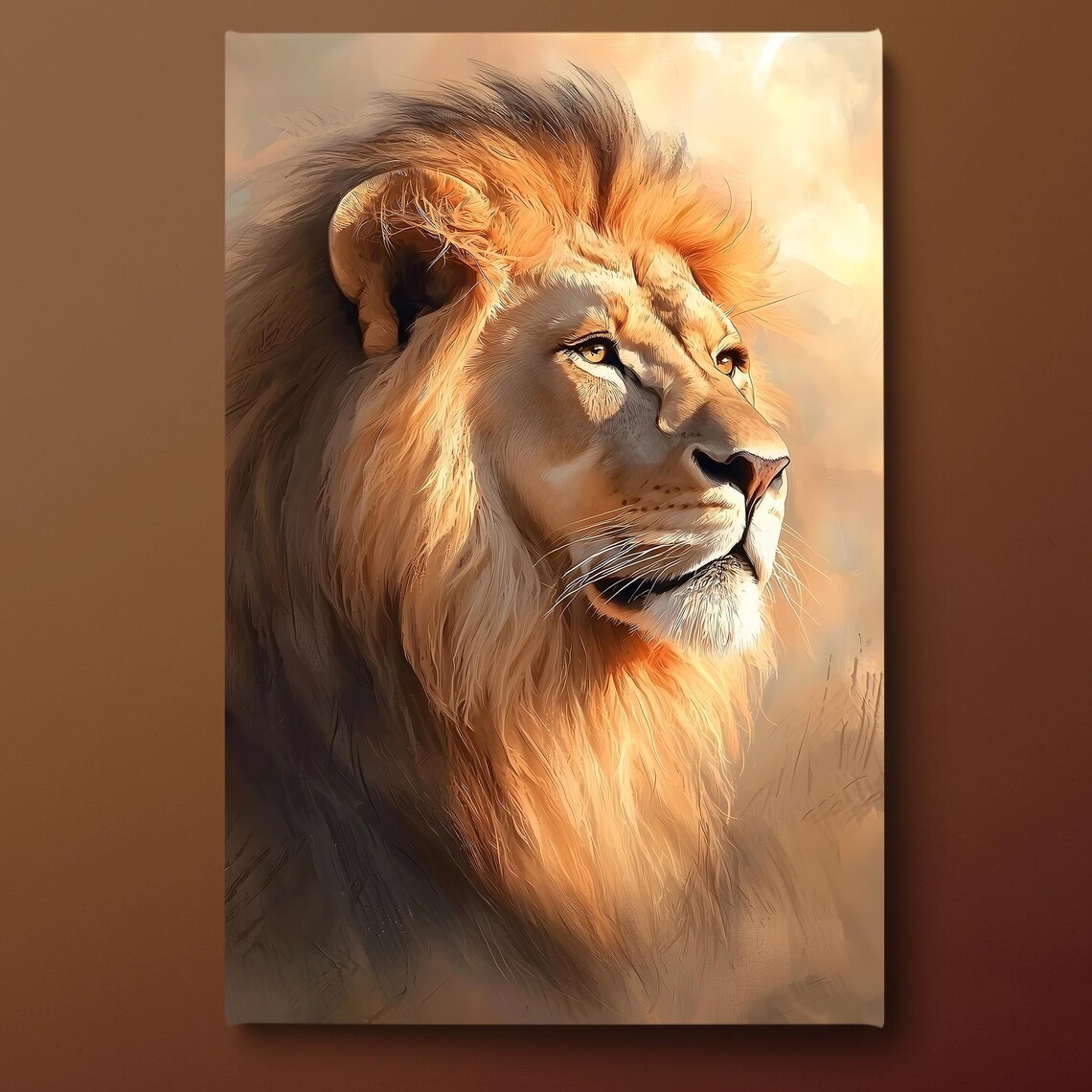 Male Lion Profile Against Golden Sunset Sky Safari Wildlife Art Poster