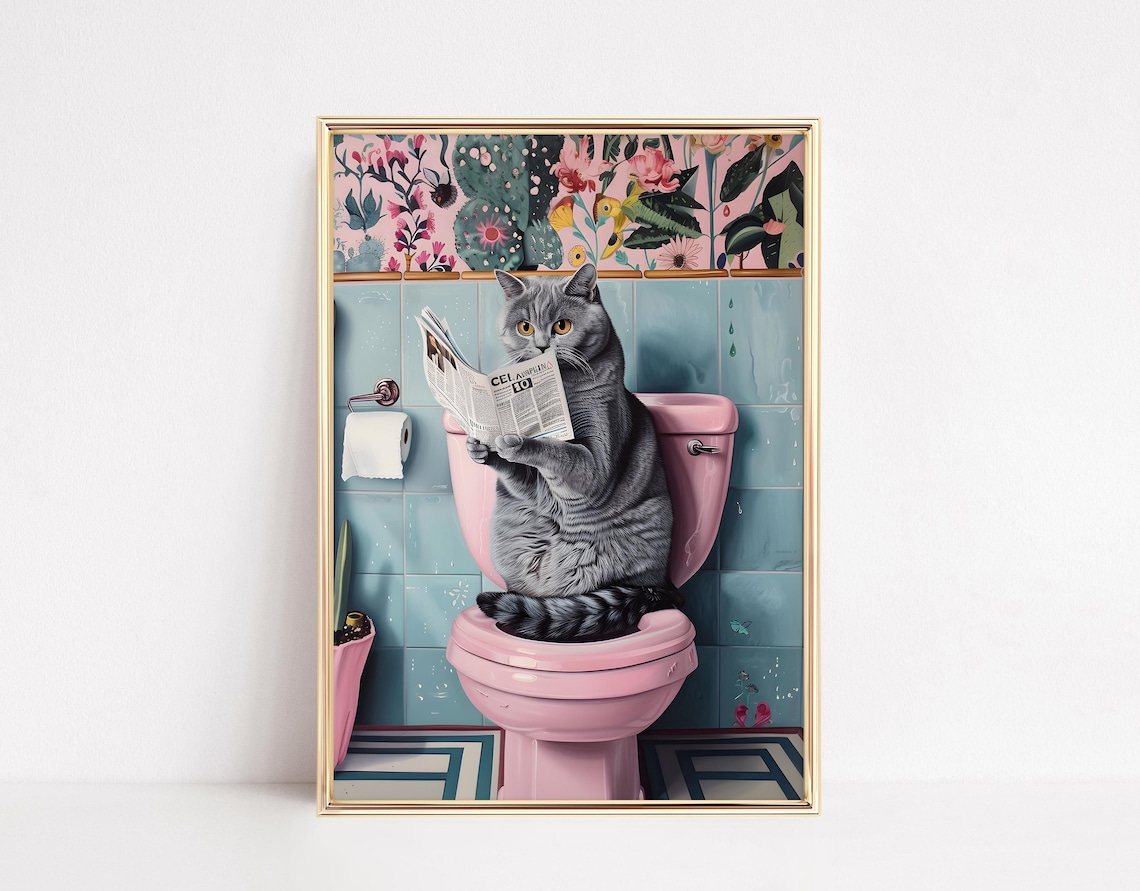 Funny British Cat On Toilet Poster Print, Bathroom Decor