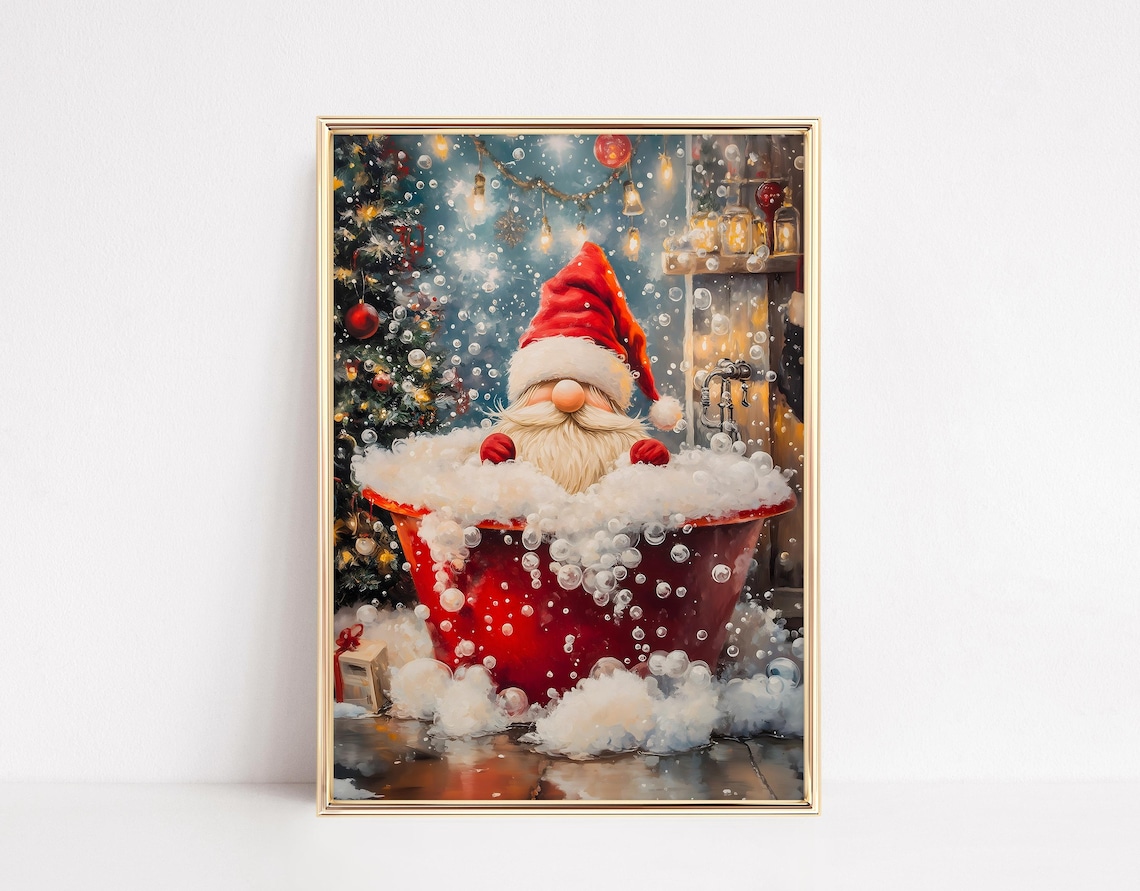 Gnome Bathing Christmas Funny Bathroom Art Print