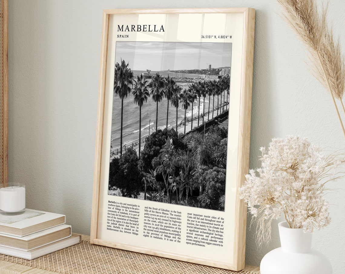 Marbella Spain Black And White Beach Promenade Travel Poster