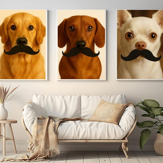 Funny Dog Mustache Art Prints Golden Retriever Chihuahua Dachshund Set Of 3