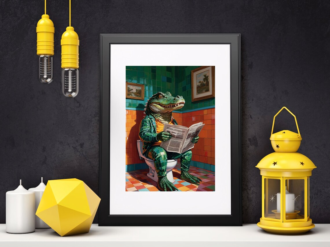 Funny Alligator On Toilet, Bathroom Wall Art Print - Image 4