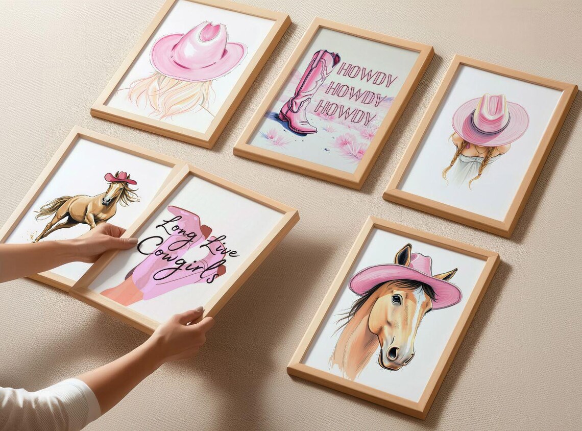 Pink Cowgirl Western Wall Art Set of 5 Boots Hats and Horses