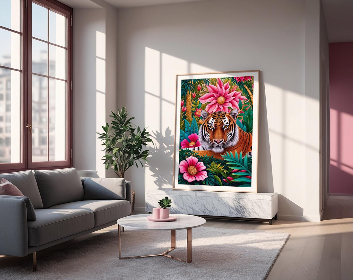 Jungle Tiger Tropical Floral Maximalist Art Print - Image 2