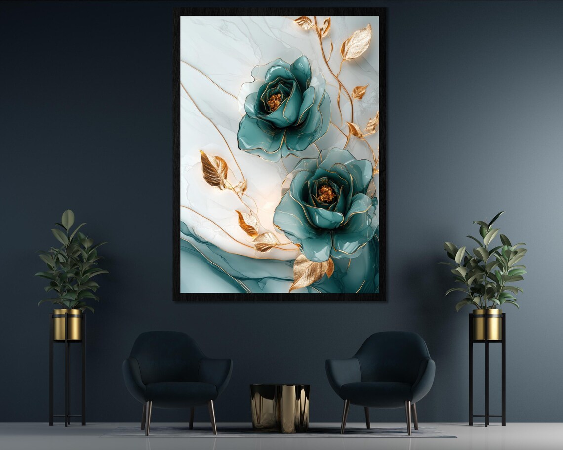 Emerald Green Rose With Gold Petals Luxury Marble Art Poster