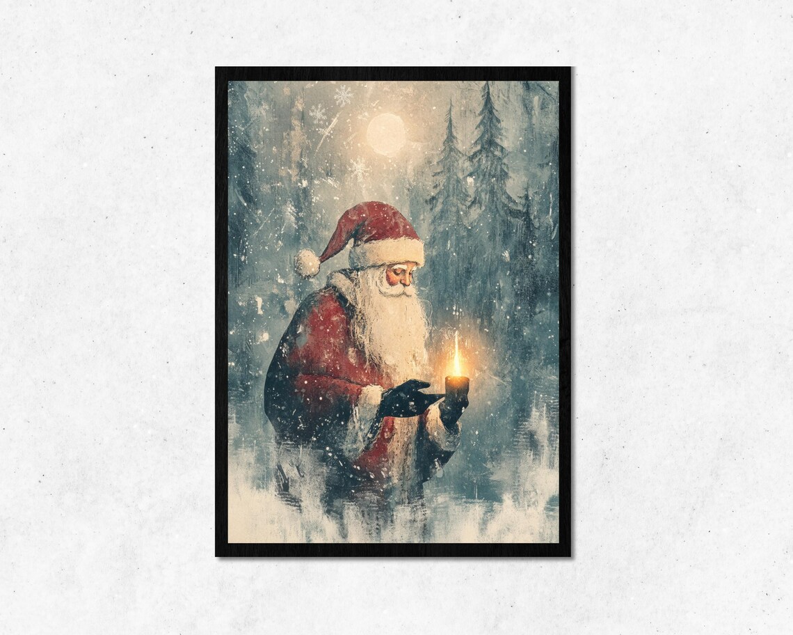 Calm Christmas Night Santa Claus In Dark Snowy Forest Poster