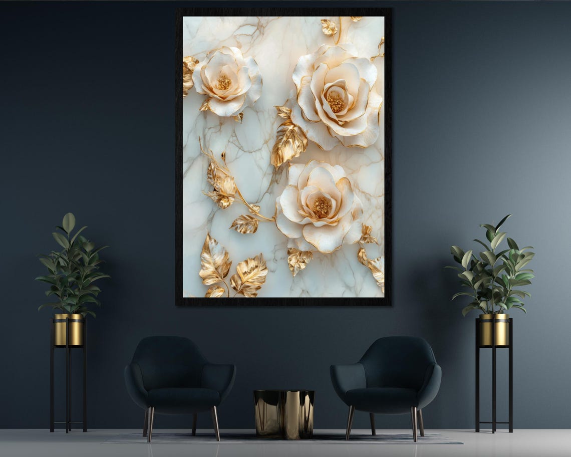 Luxury White And Gold Roses On White Marble 3D Floral Art Poster