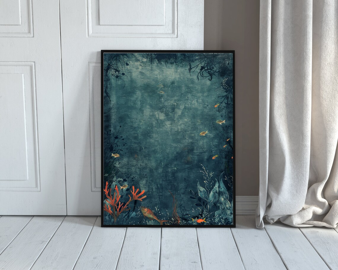 Dark Underwater Vintage Ocean Fish Coral Moody Texture Art Poster