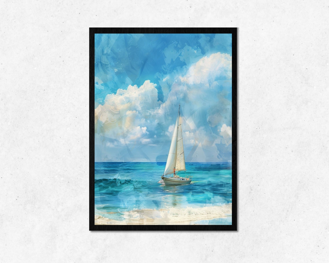 White Sailboat On The Blue Ocean Turquoise Sea Summer Sailing Poster