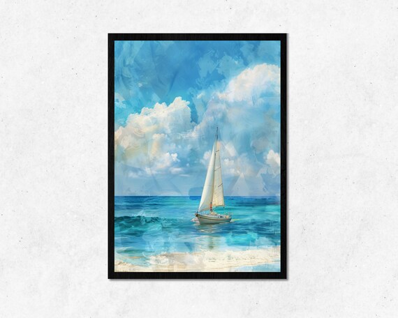 White Sailboat On The Blue Ocean Turquoise Sea Summer Sailing Poster