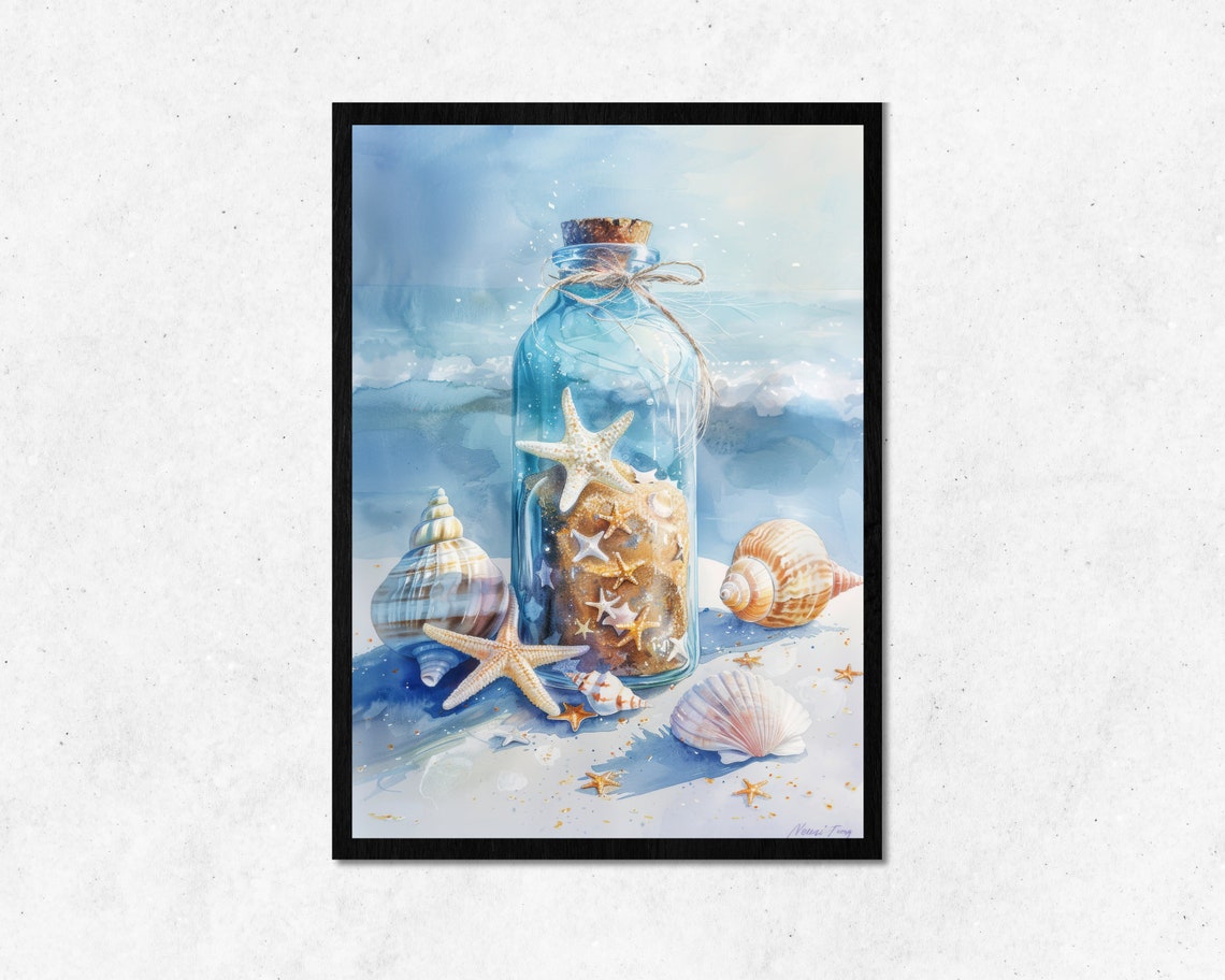 Glass Bottle Filled With Shells On Beach Watercolor Coastal Art Poster