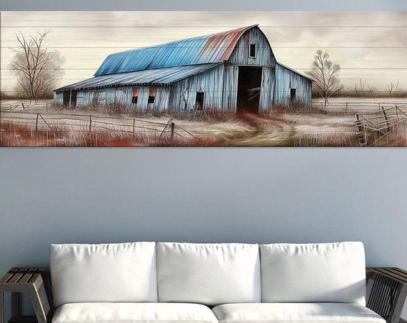 Old Blue Barn Print Rustic Barn Art Rural Landscape Countryside Painting Wooden Barn Art Extra Large Wall Art Print
