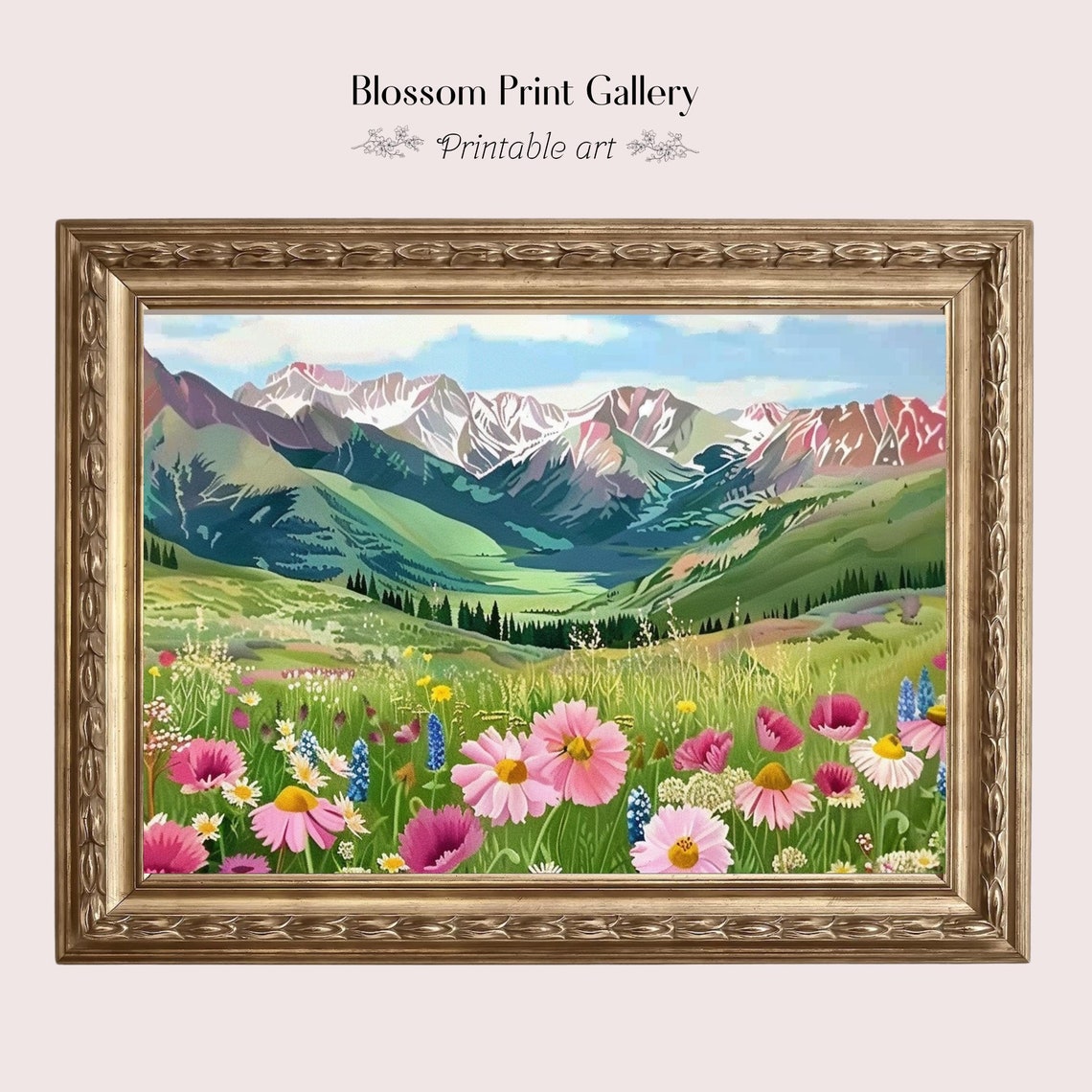 Alpine Wildflower Meadow Pink Daisy Mountain Landscape Art Poster