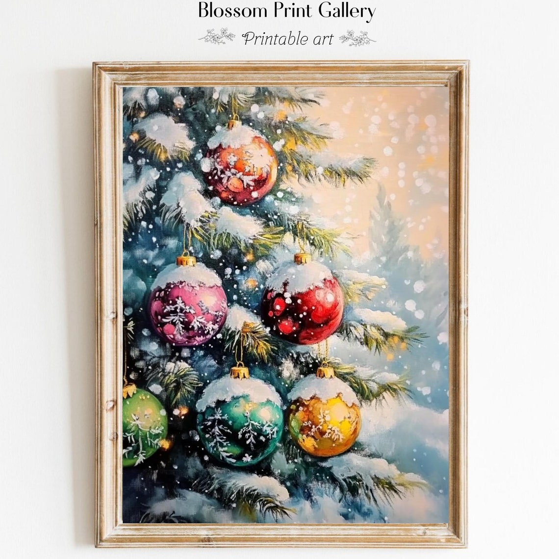 Snowy Christmas Tree Branch Colorful Bauble Winter Art Poster