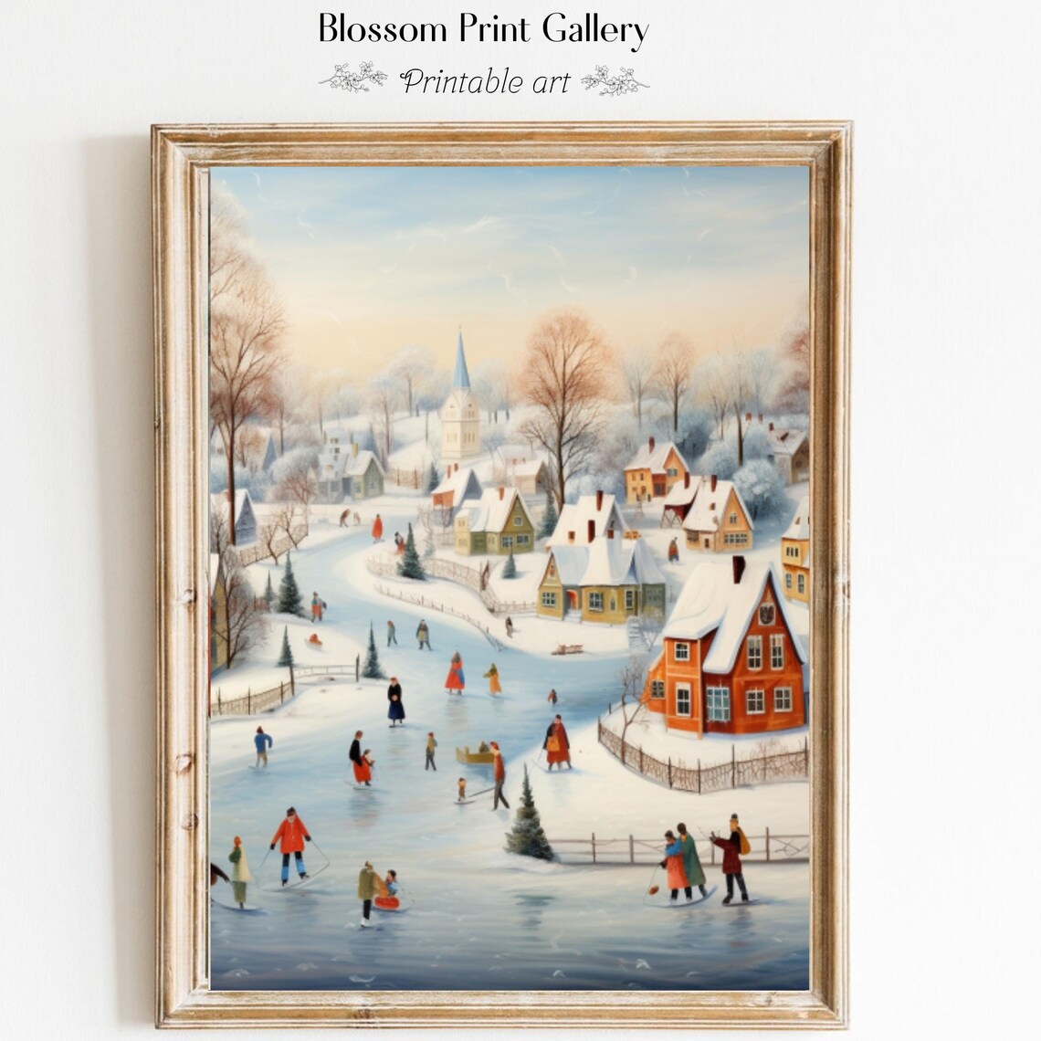 Winter Village Frozen Pond Ice Skaters Snowy Church Folk Art Poster
