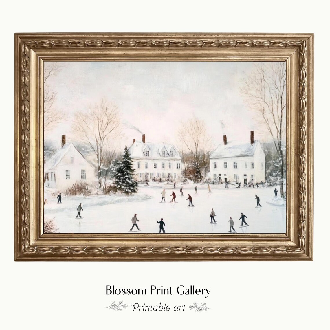 Village Ice Skating Pond Winter Scene Vintage Holiday Poster