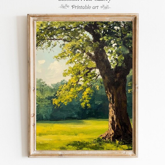Majestic Oak Tree Sunlit Green Meadow Summer Landscape Poster