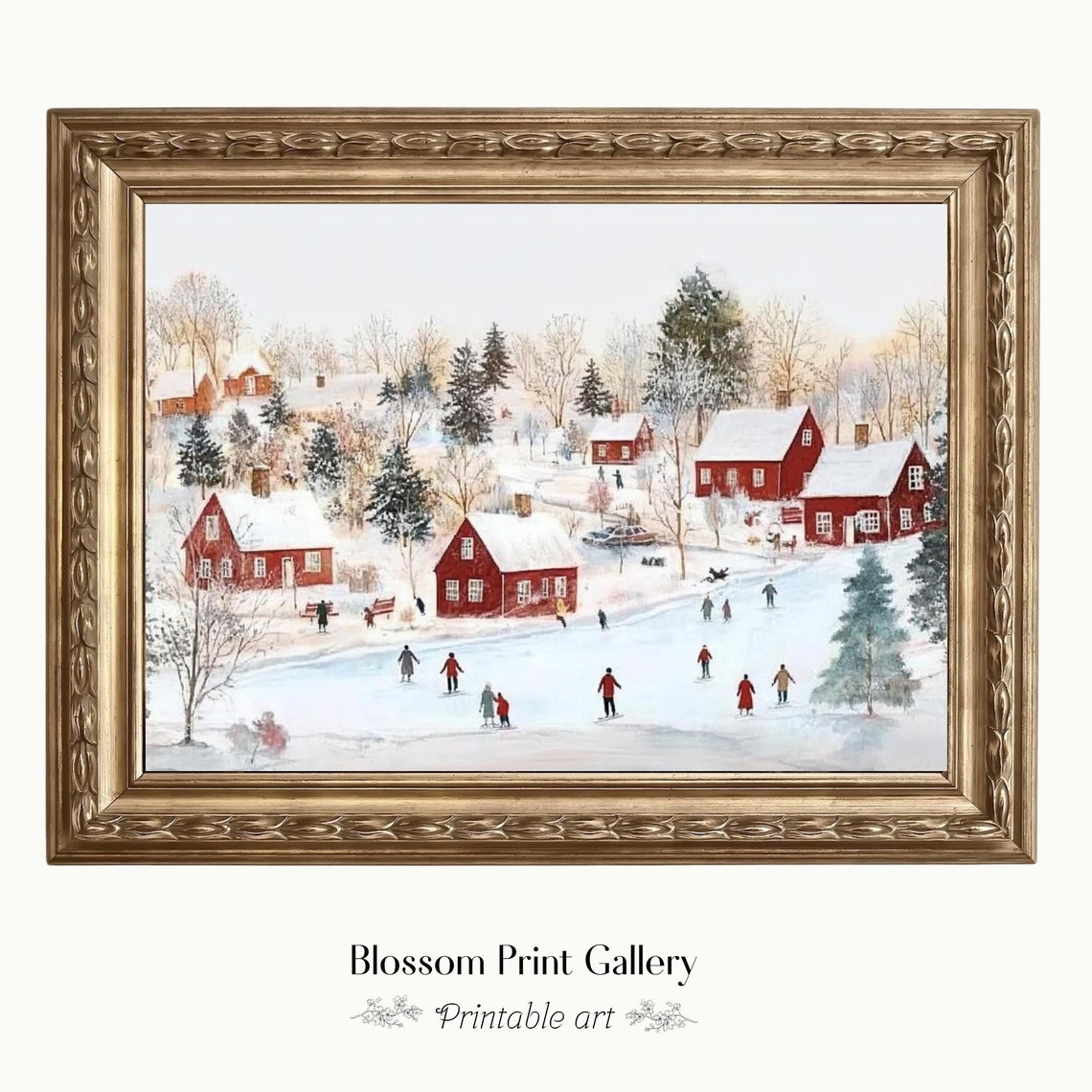 Christmas Town Wall Art Snowy Winter Village Print Cozy Winter Holiday Scene Festive Vintage Farmhouse Christmas Painting 798