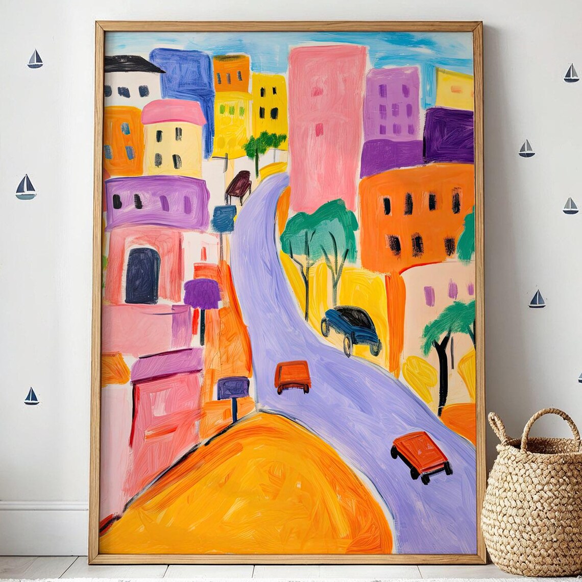 Whimsical Colorful Cityscape Poster With Cars And Bright Modern Houses