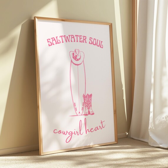 Saltwater Soul Cowgirl Heart Pink Surfboard Cowboy Boots Western Poster