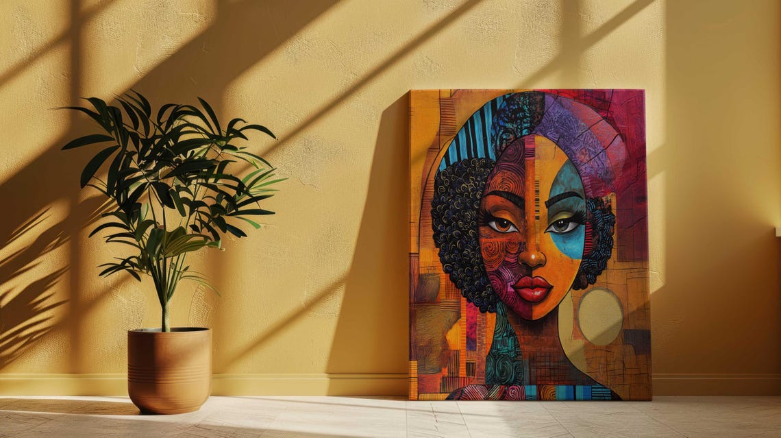 Bold Cubist African Woman Face Orange Blue Purple Patterned Wall Art - Image 3