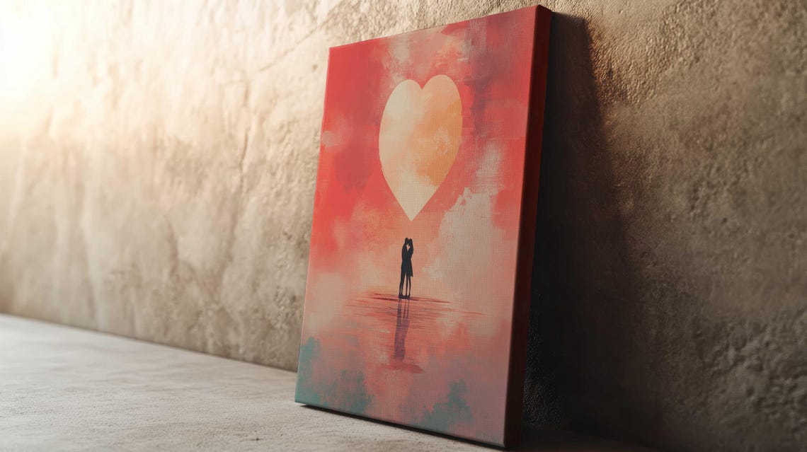 Romantic Couple Silhouette Under Giant Heart Red Sky Wall Art - Image 3