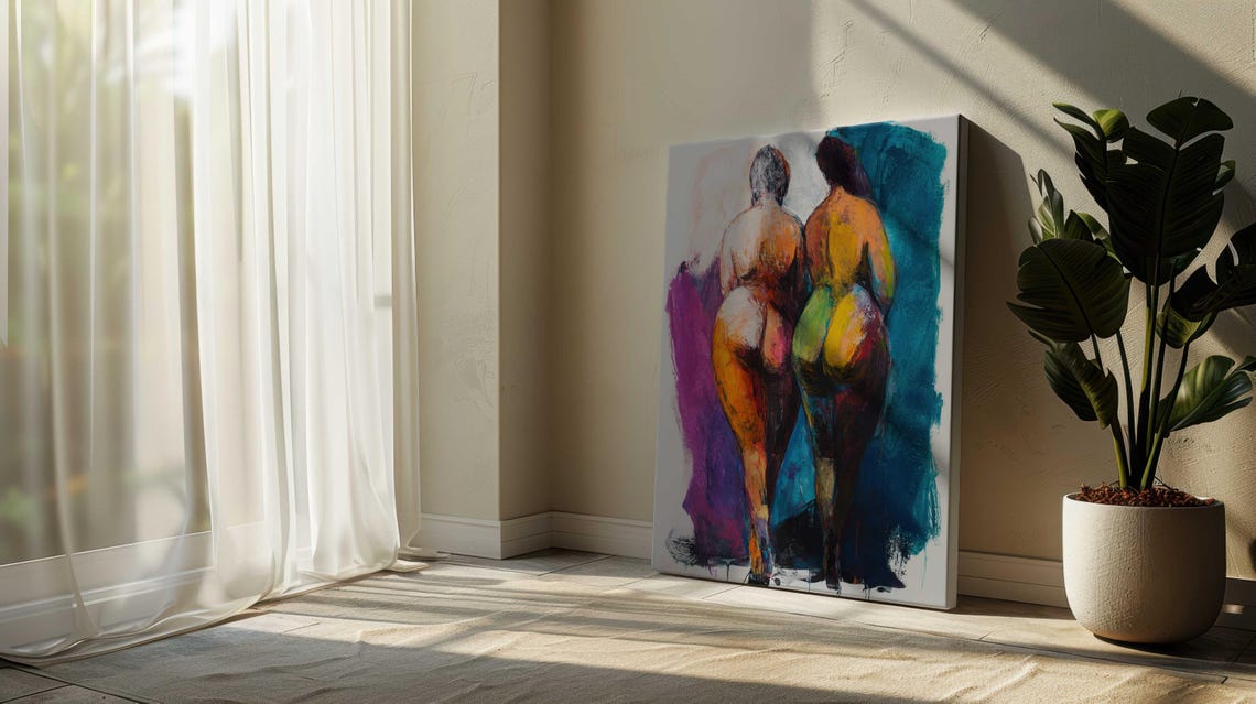 Two Nude Women Walking Together Colorful Friendship Body Art Poster - Image 2