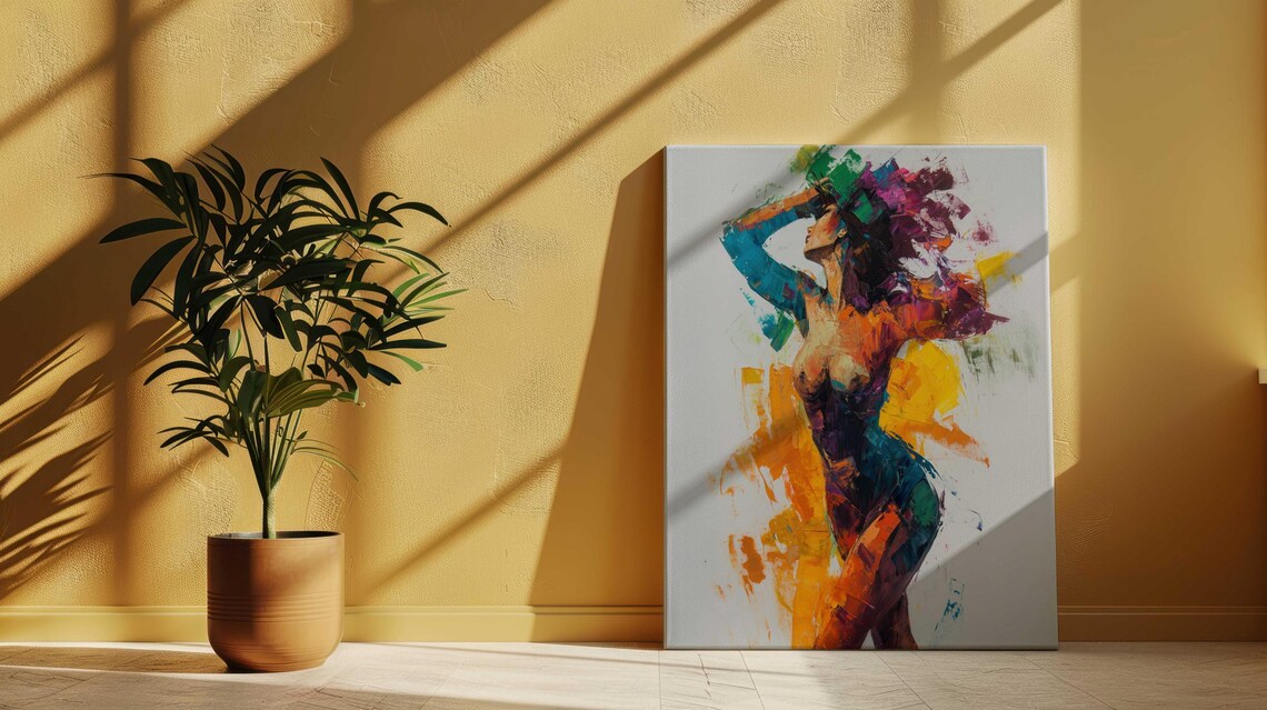 Nude Woman Arms Raised Colorful Abstract Brushstroke White Art Poster - Image 4