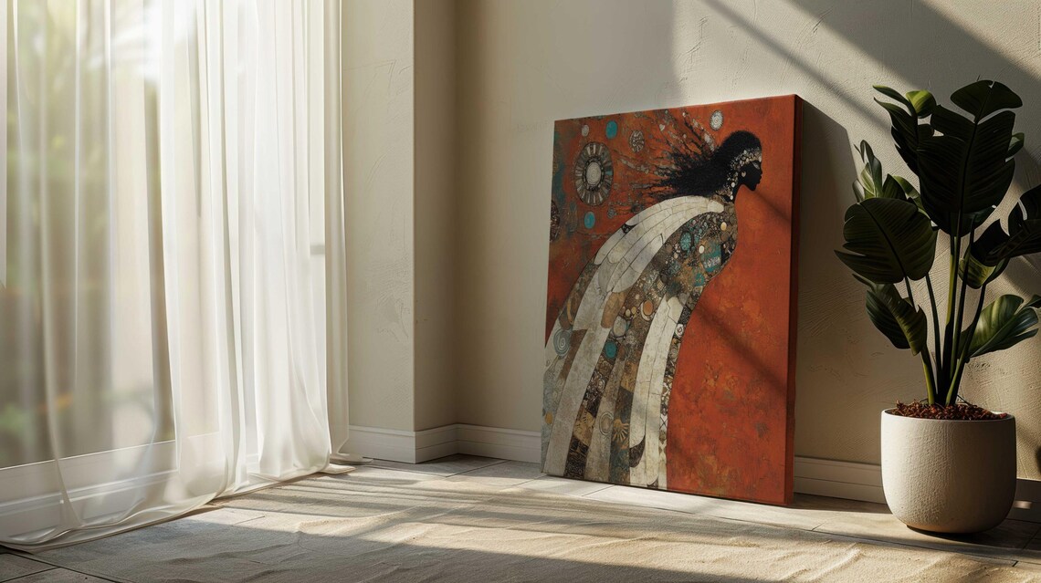 African Woman Mosaic Gown Klimt Inspired Burnt Orange Wall Art - Image 2
