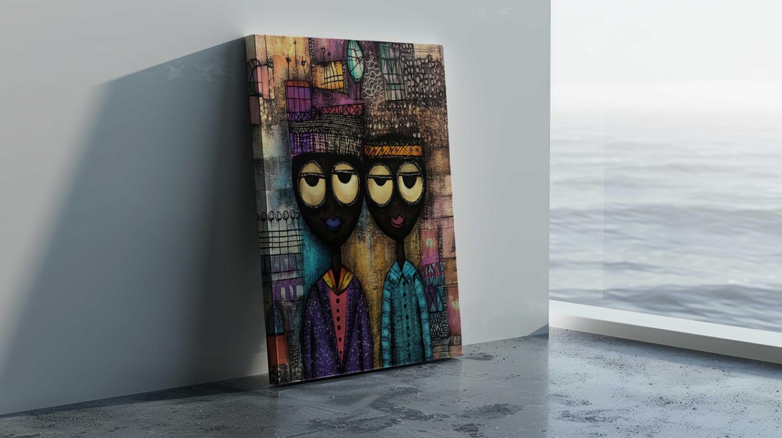 Naive Folk Art Couple Big Eyes Colorful Patterned African Art Poster - Image 3