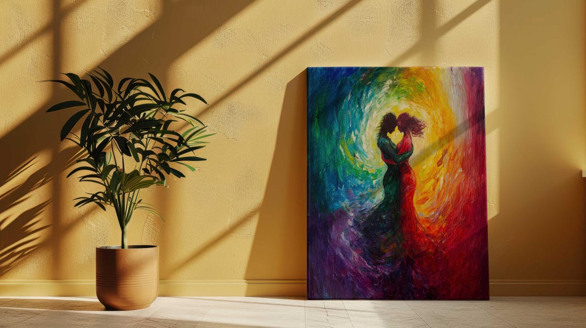 Abstract Expressionist Embracing Couple Rainbow Swirl Wall Poster - Image 2